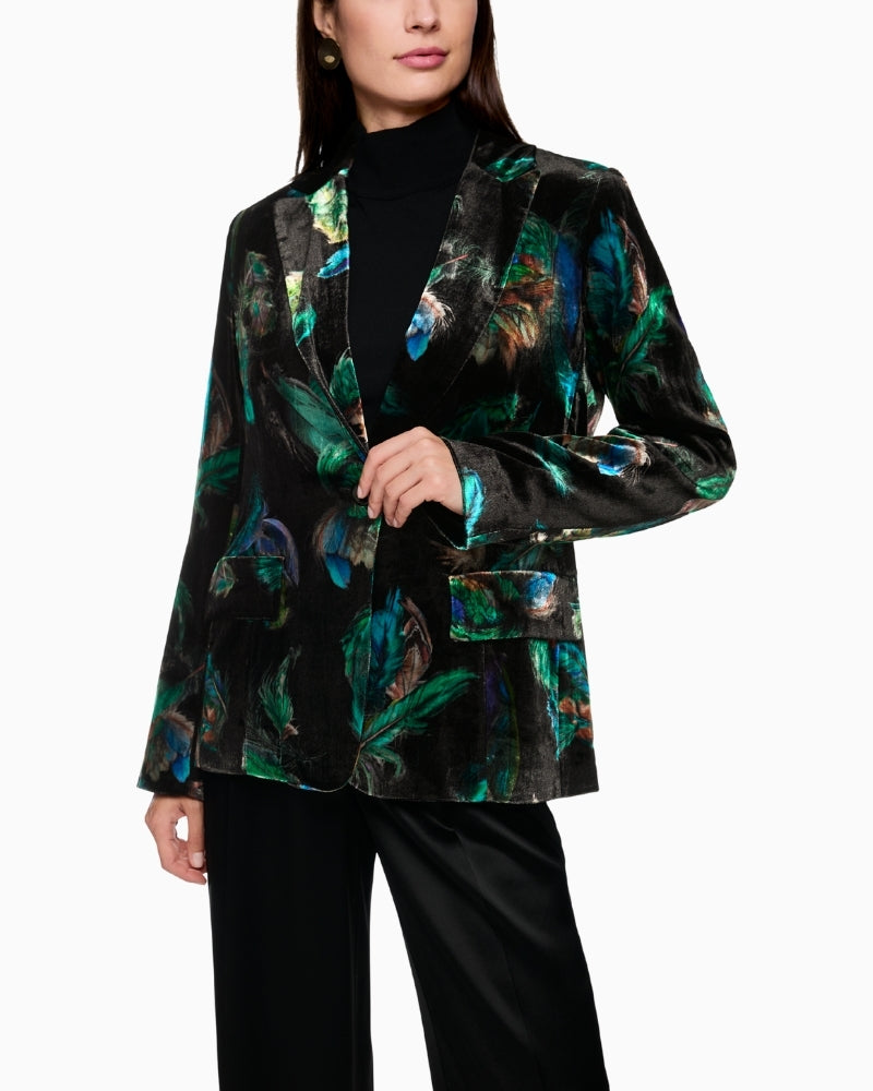 Velvet blazer by Marc Cain with mystical feather print and soft tailored fit