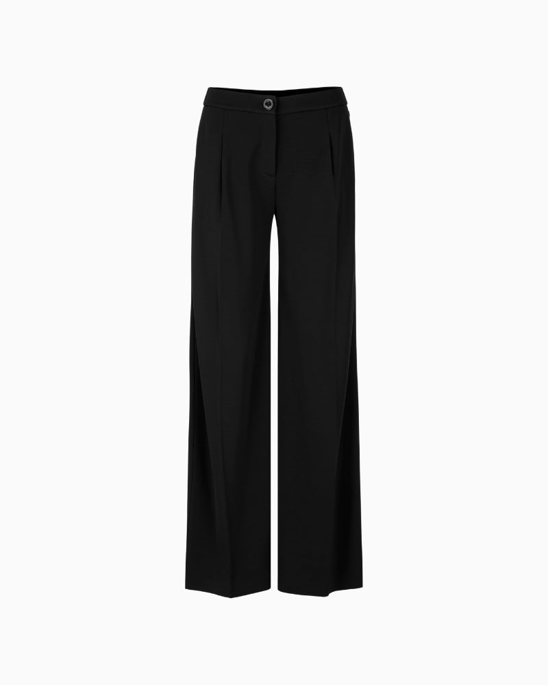 Front view of Marc Cain WICHITA high waist wide fit trousers with press creases and side pockets