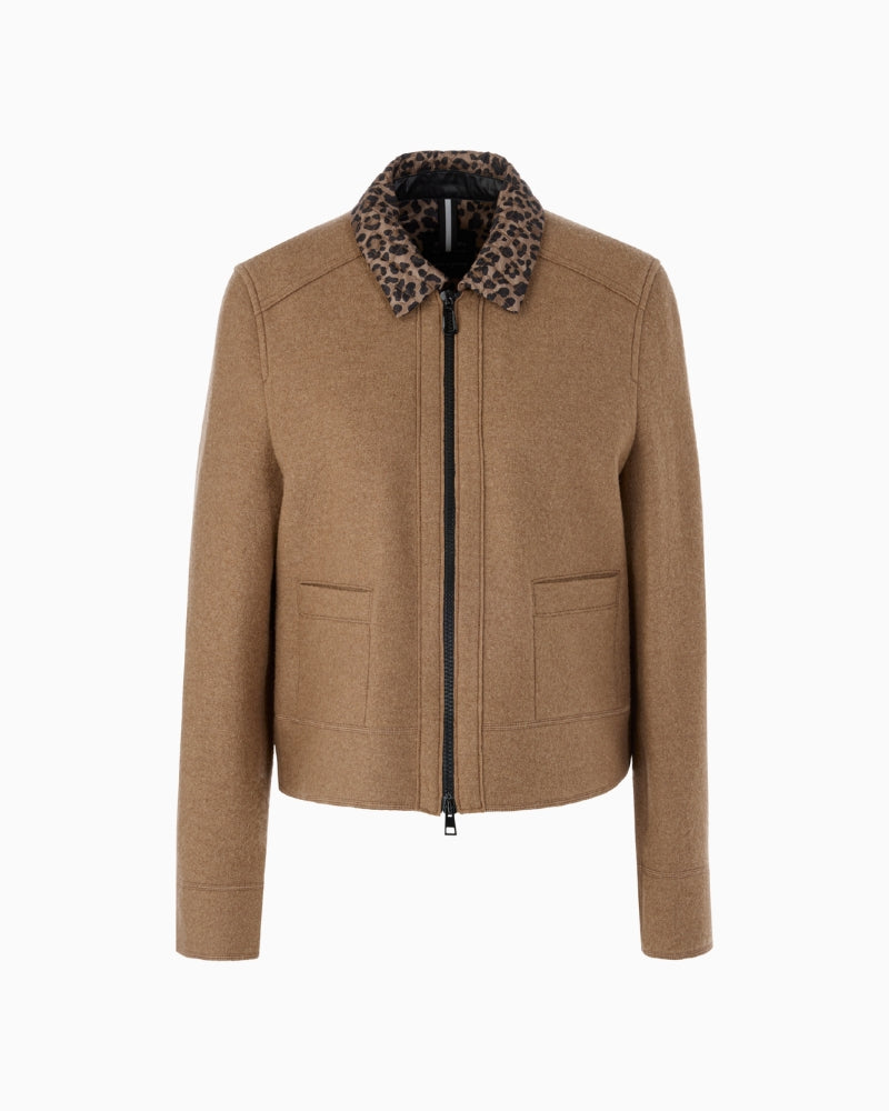 Front view of Marc Cain walk jacket in boiled wool with leopard print collar and zip