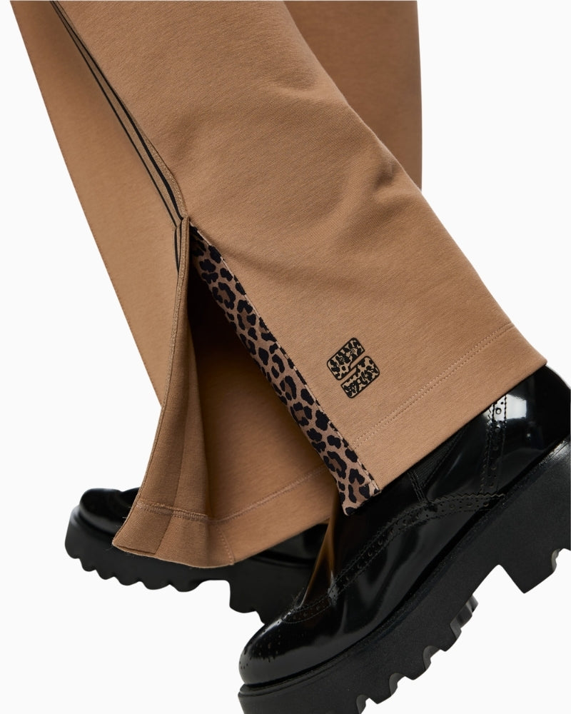 Close-up of jogging waistband on Marc Cain wide cut trousers in milk coffee shade