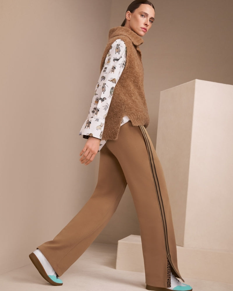 Marc Cain WASHINGTON wide cut trousers in milk coffee with braided side stripe