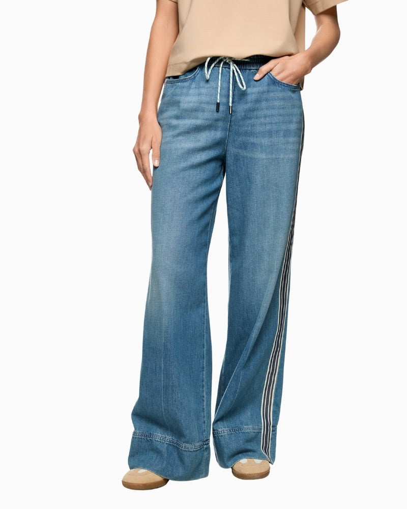 Marc Cain blue wide leg denim trousers front view with drawstring waist – Áines Boutique