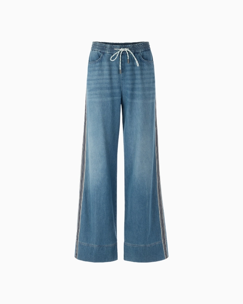 Marc Cain blue wide leg denim trousers front view with drawstring waist – Áines Boutique