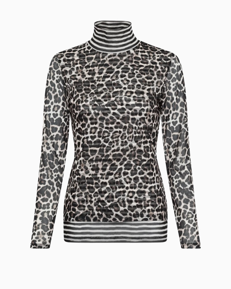 Front view showing sheer leopard mesh overlay and striped inner layer