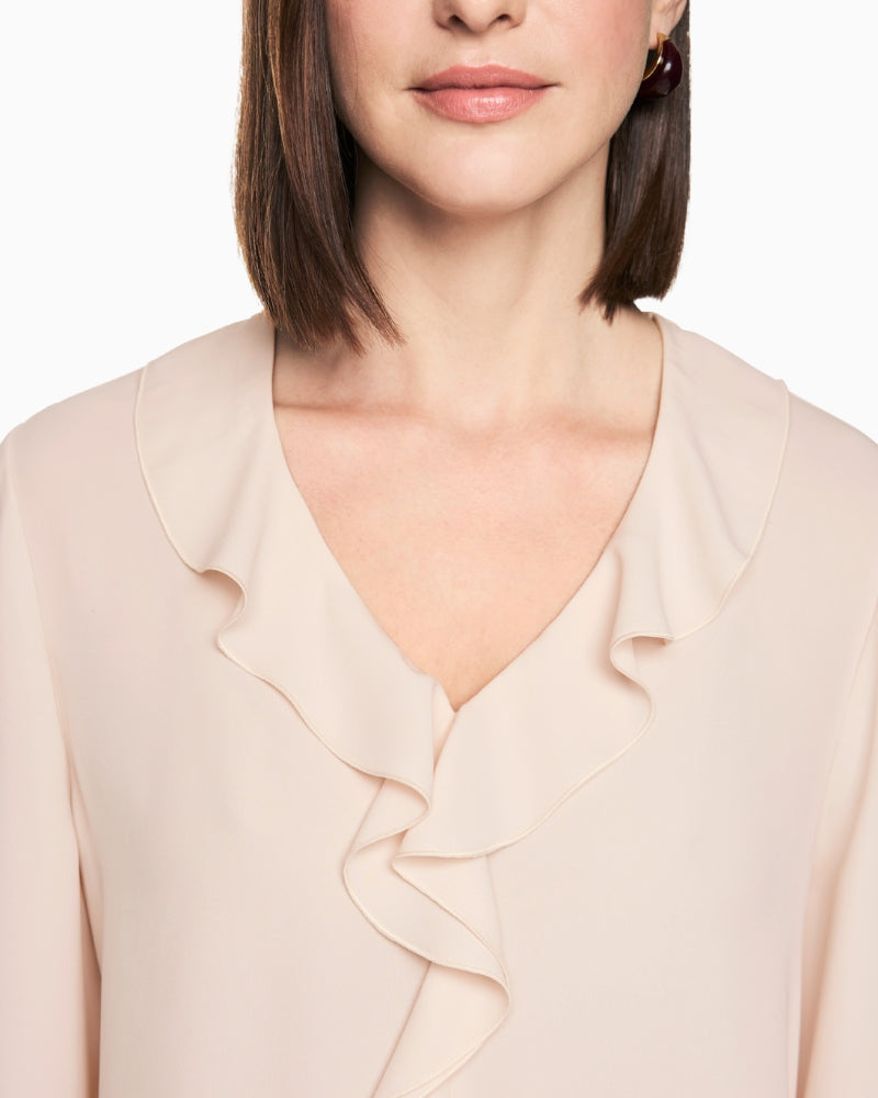 Marc Cain Blouse with Flounces in Light Beige, V-neckline and ruffle detail
