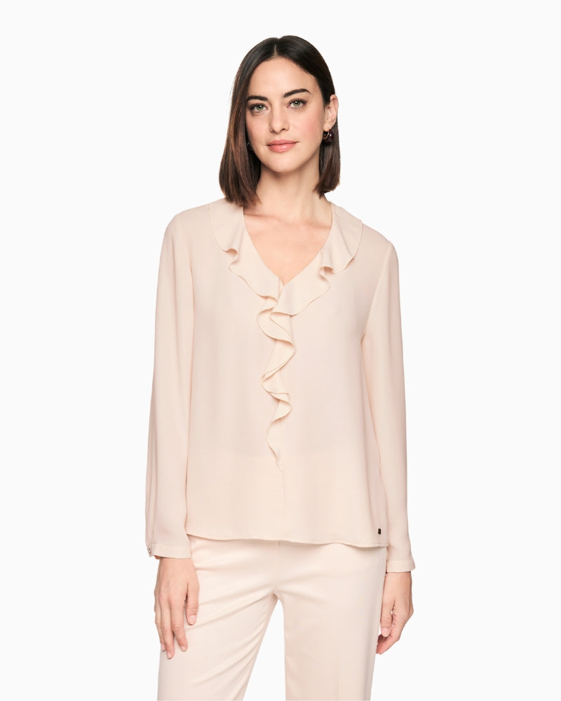 Marc Cain Blouse with Flounces in Light Beige, front view with ruffle detailing
