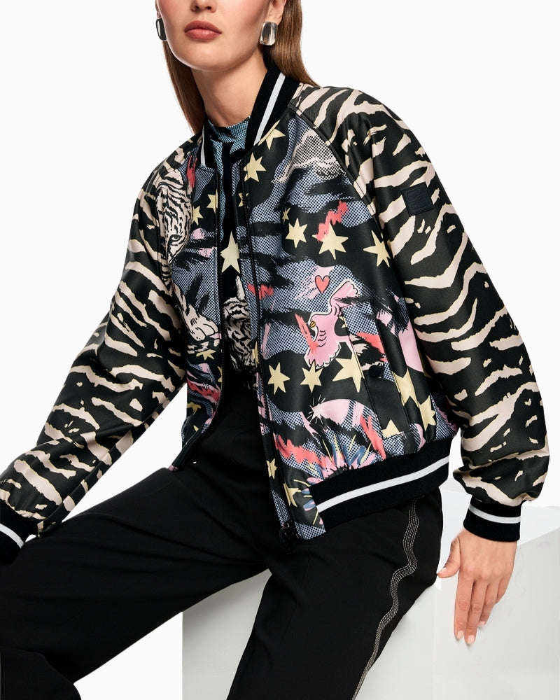 Marc Cain blouson jacket with comic print black cuff detail with glitter and stripe – Áines Boutique