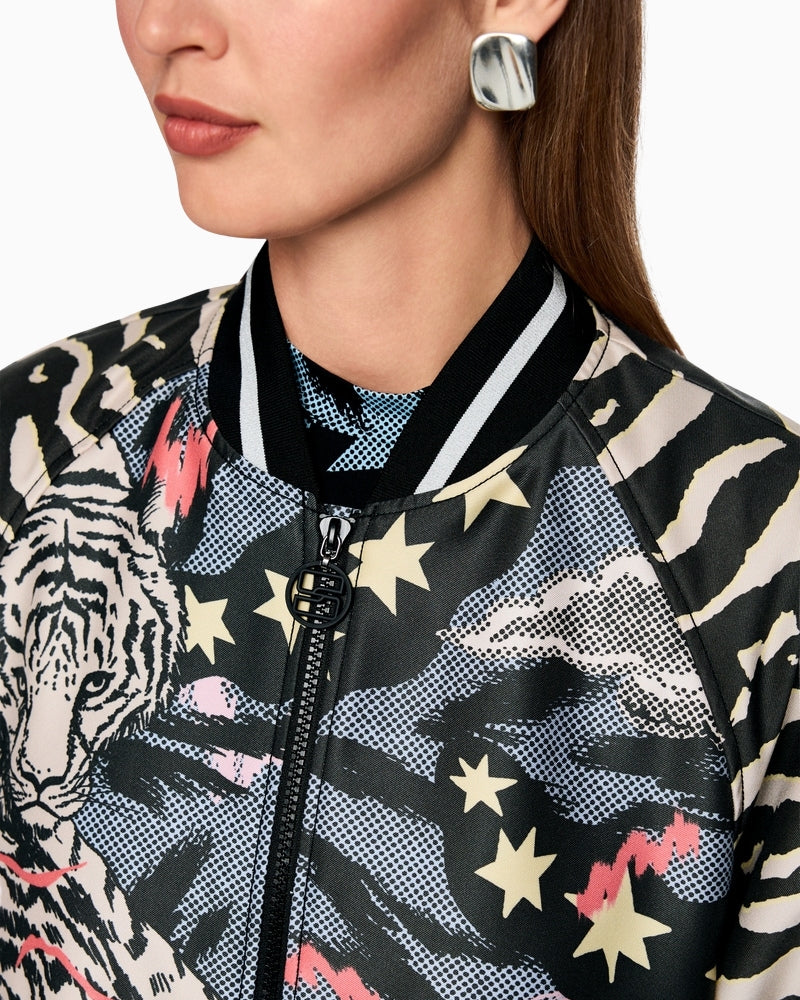Marc Cain blouson jacket with comic print black zip fastening detail – Áines Boutique