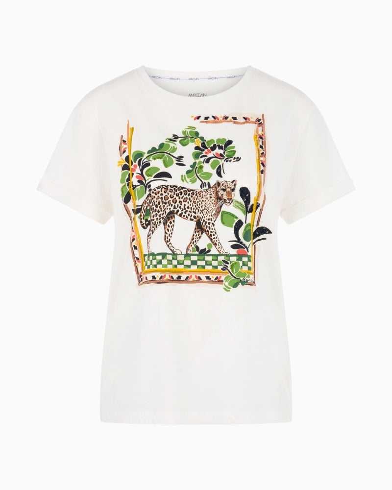 Marc Cain Cotton T-Shirt with Leopard Motif in Off-White flat front view