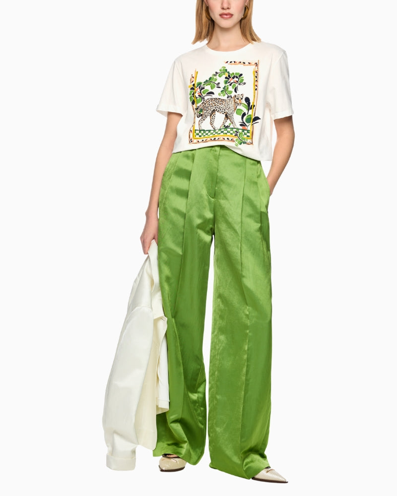 Marc Cain Cotton T-Shirt with Leopard Motif in Off-White model full outfit view
