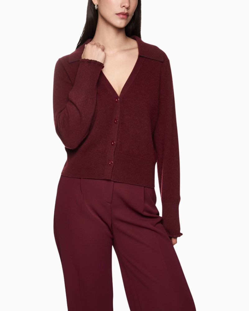 Cropped bright maroon cashmere cardigan by Marc Cain