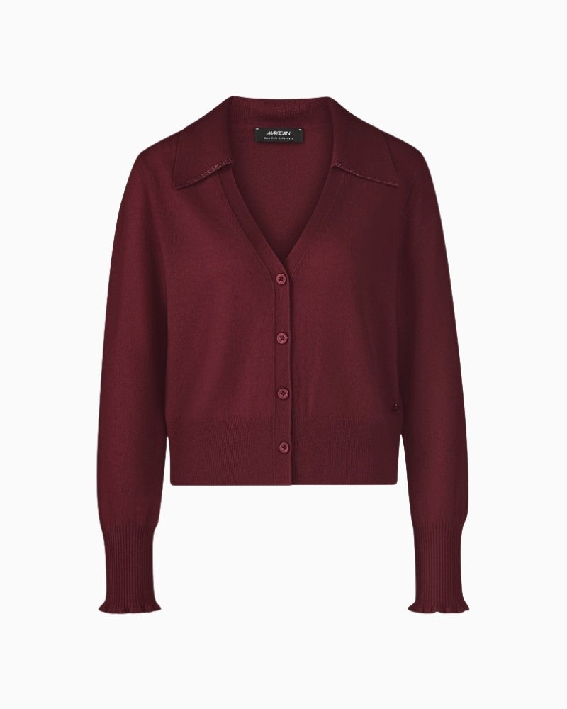 Front view of pure cashmere cardigan with collar and tonal buttons