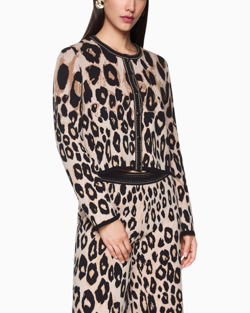 Cropped leopard print cardigan by Marc Cain in soft cappuccino tone