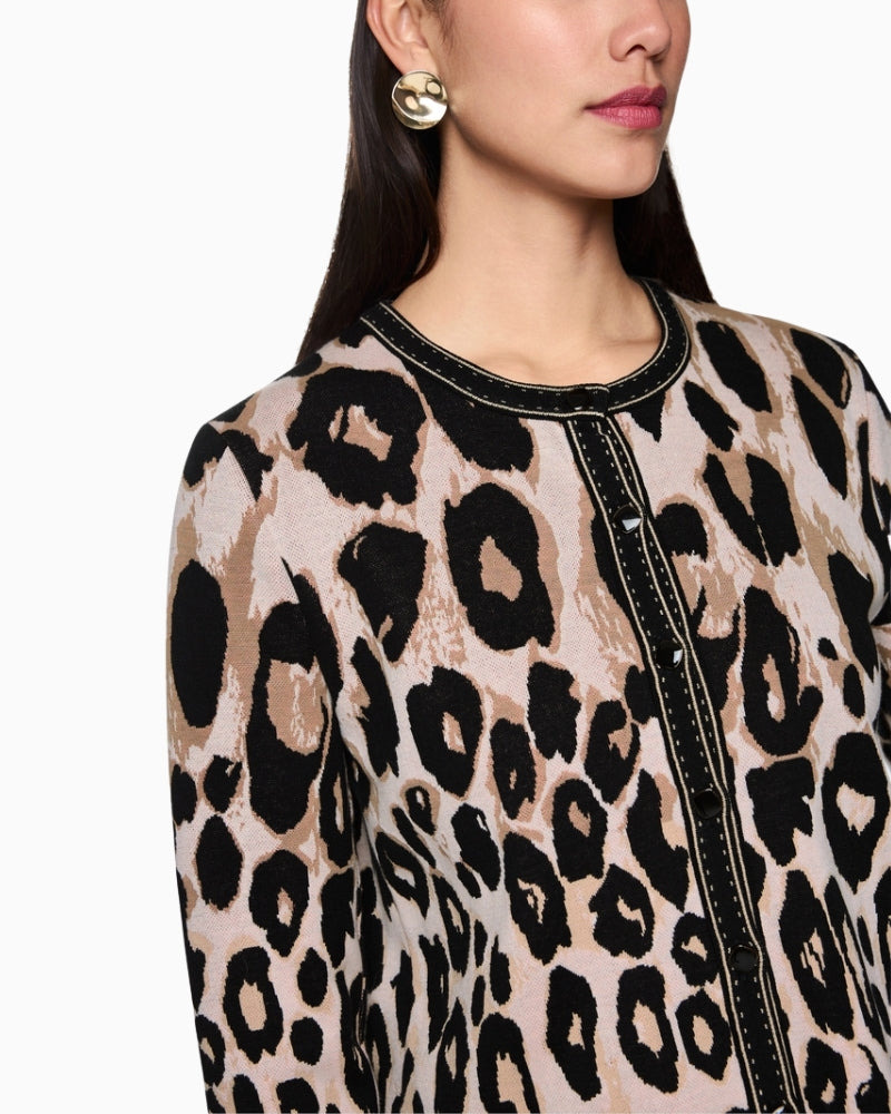 Close-up of leopard pattern and fine knit fabric on Marc Cain cardigan