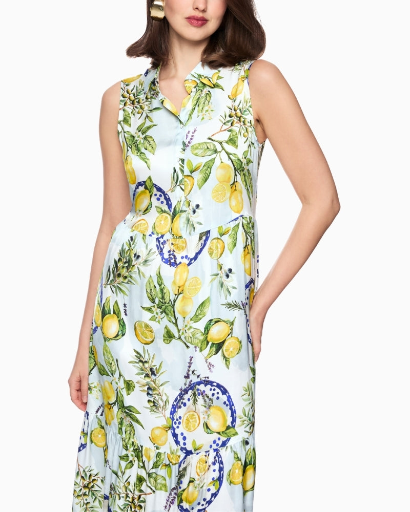 Marc Cain Lemon and Olive Print Viscose Dress in white angled model view pocket
