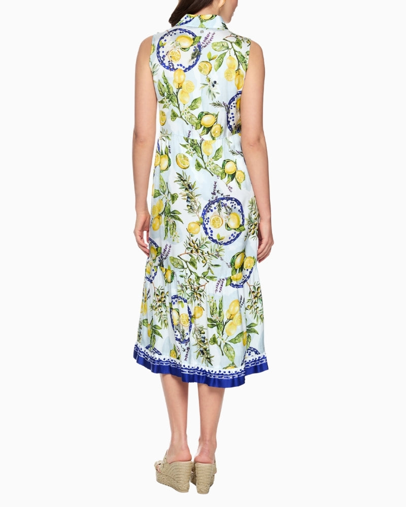 Marc Cain Lemon and Olive Print Viscose Dress in white back model view