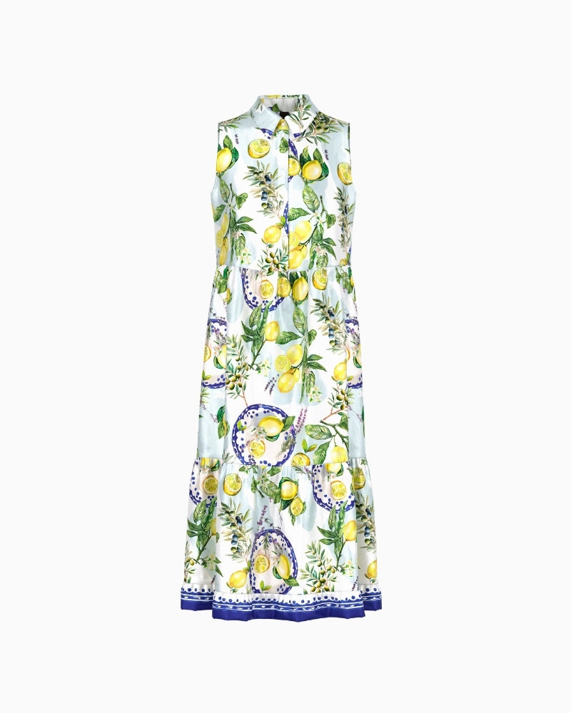 Marc Cain Lemon and Olive Print Viscose Dress in white front flat view