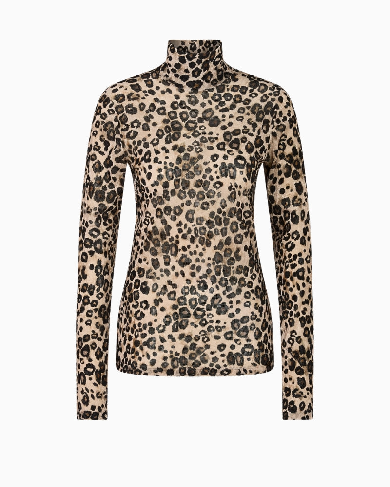 Flat lay view of Marc Cain velour leopard top showing close fit and long sleeves