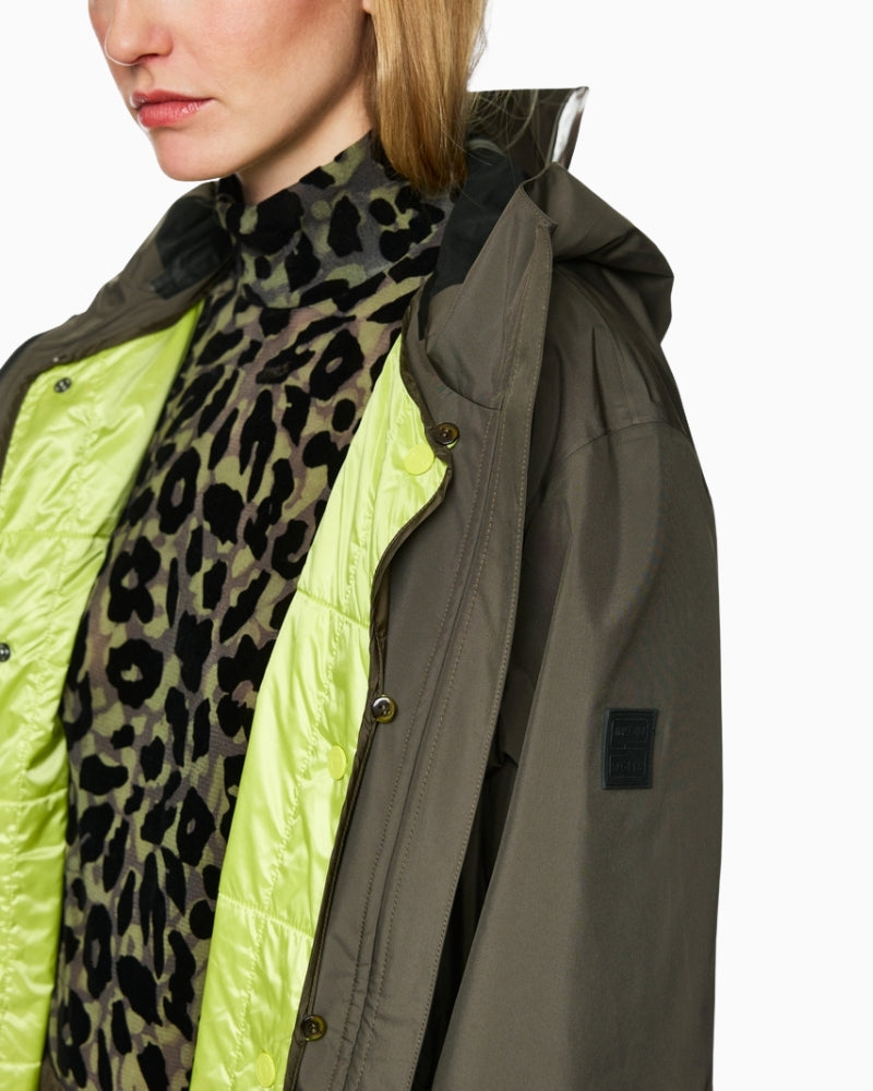 Close-up of patent sleeve accents on olive coat
