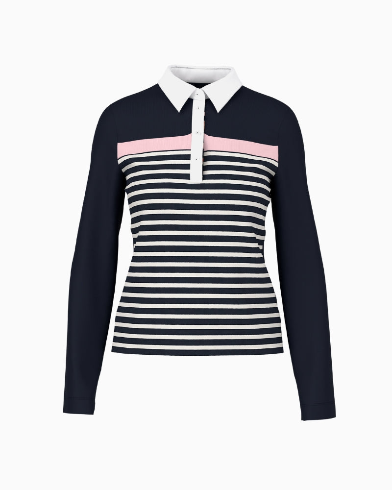 Marc Cain Ribbed Texture Polo Shirt with Stripes in Navy ribbed texture detail