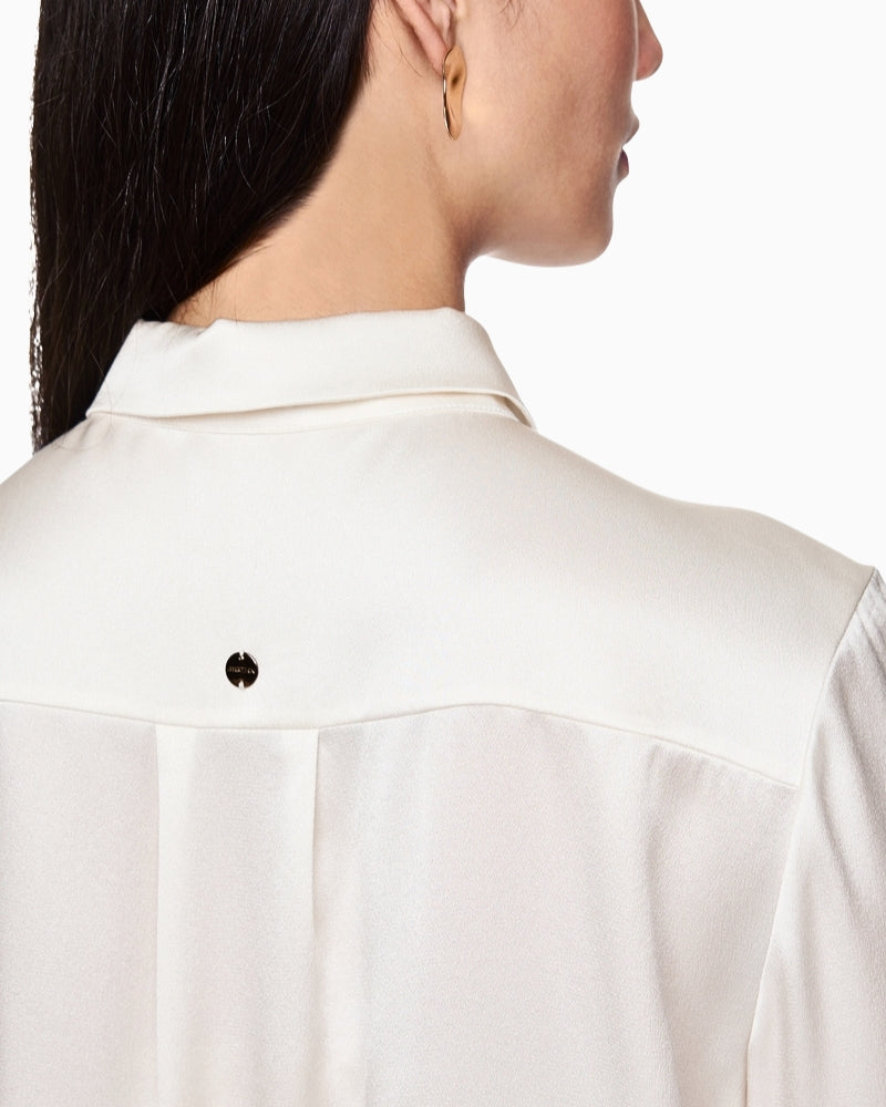 Shiny silk blouse in off white by Marc Cain – front and side view