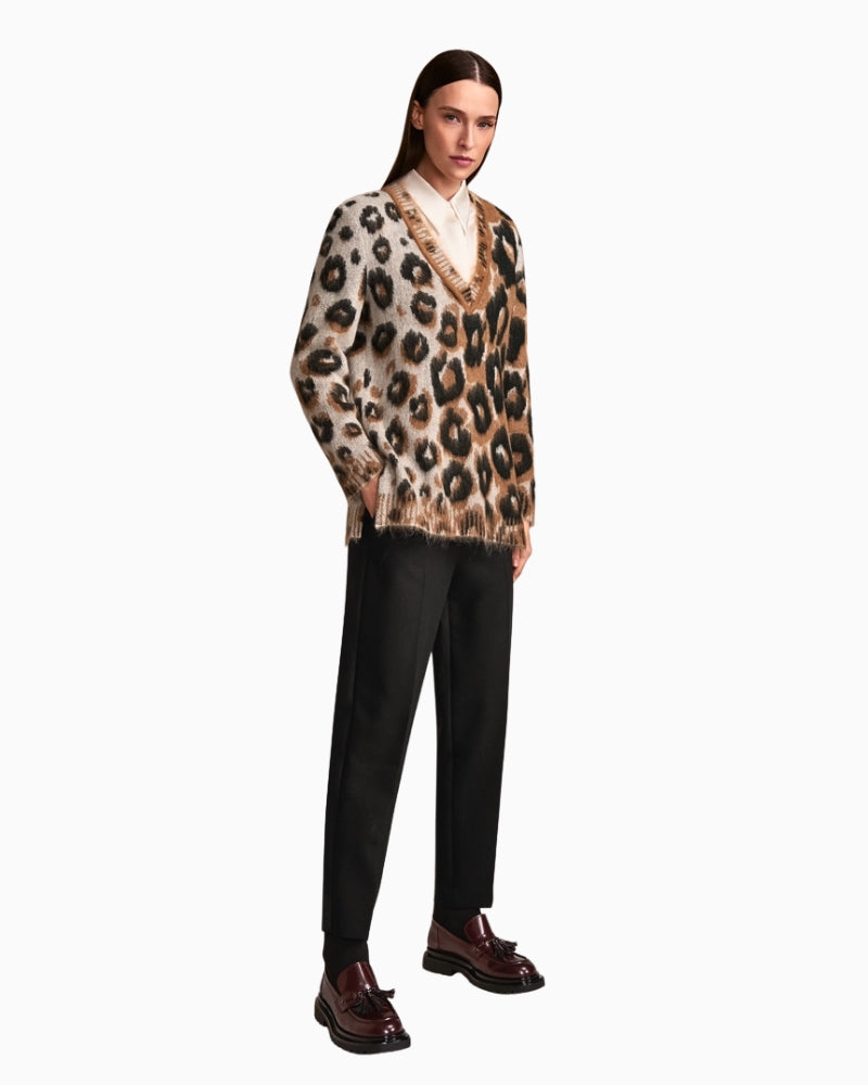 Model wearing Marc Cain Silk Blouse under leopard top