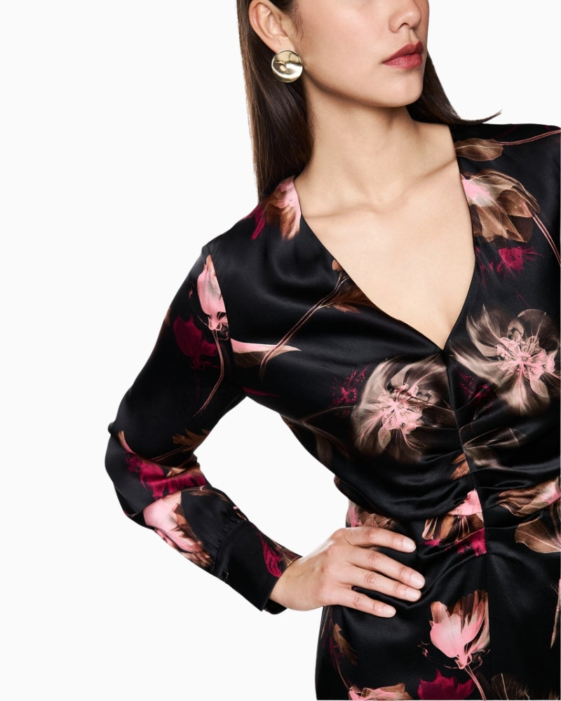 Close-up of floral print on silk fabric