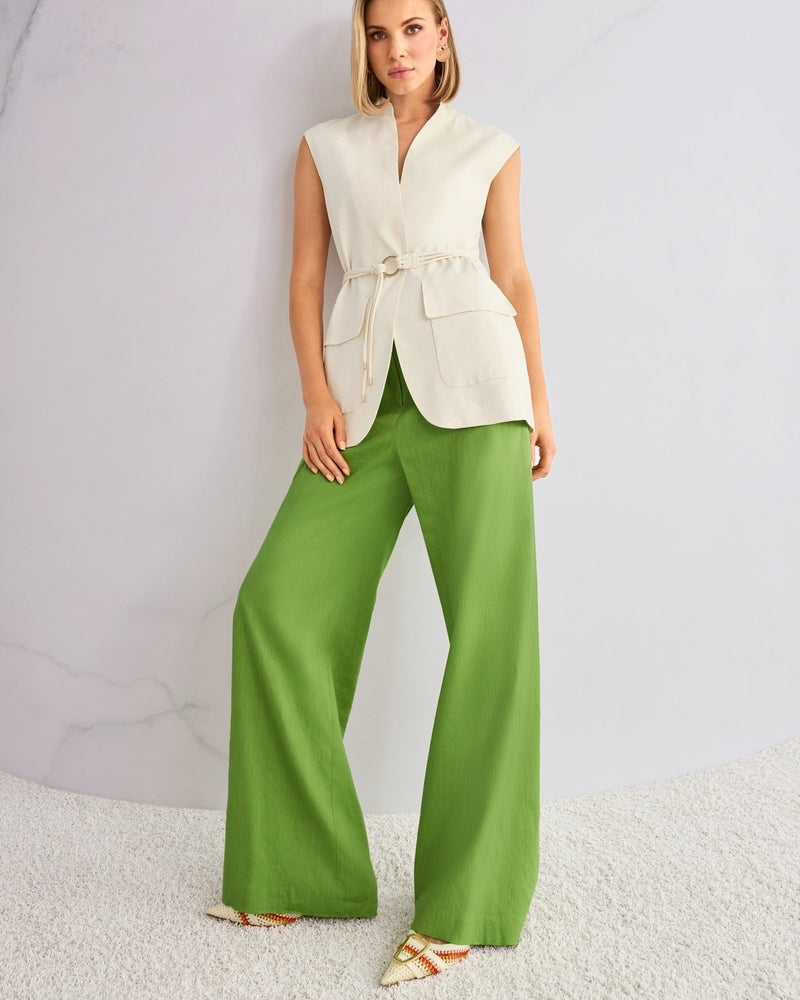 Marc Cain WAUKEE linen viscose trousers green paired with white top