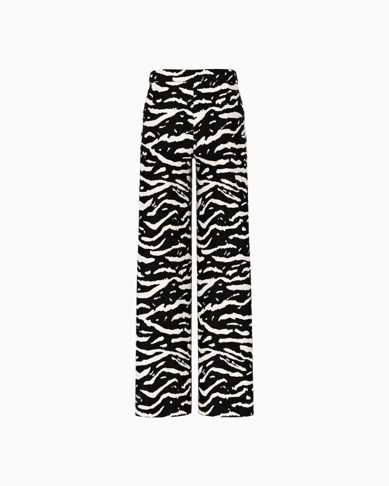 Marc Cain WELKOM wide-leg trousers with animal print black flat lay – Áines Boutique