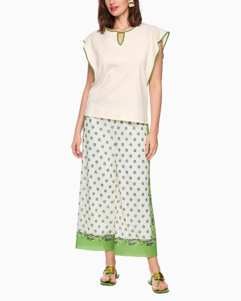 Marc Cain cotton stretch trim T-shirt bright ecru full outfit front view