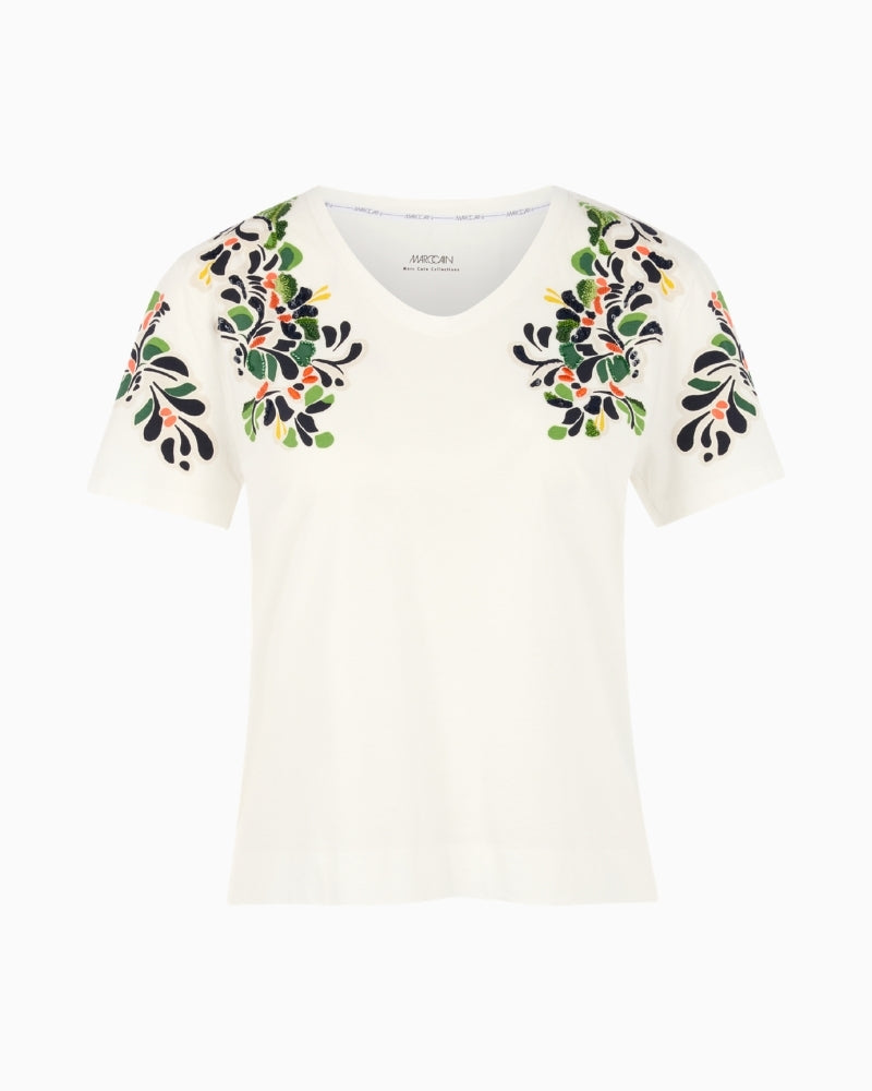 Marc Cain hibiscus print T-shirt off-white front flat view with embellished shoulders