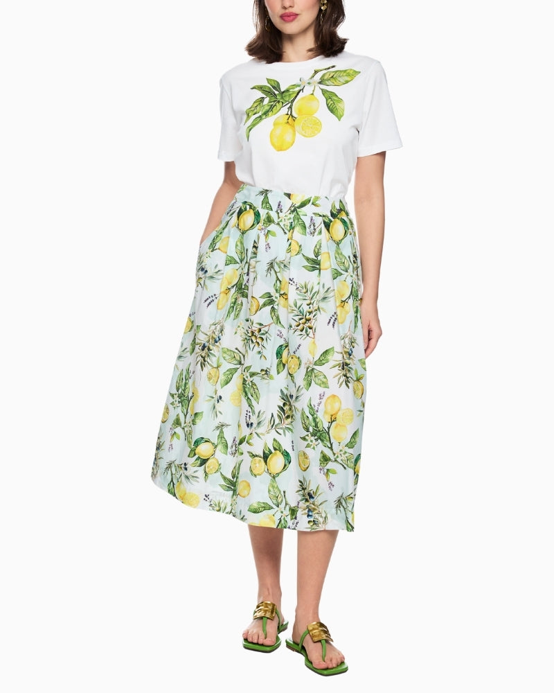 Marc Cain lemon print organic cotton T-shirt in white angled model view