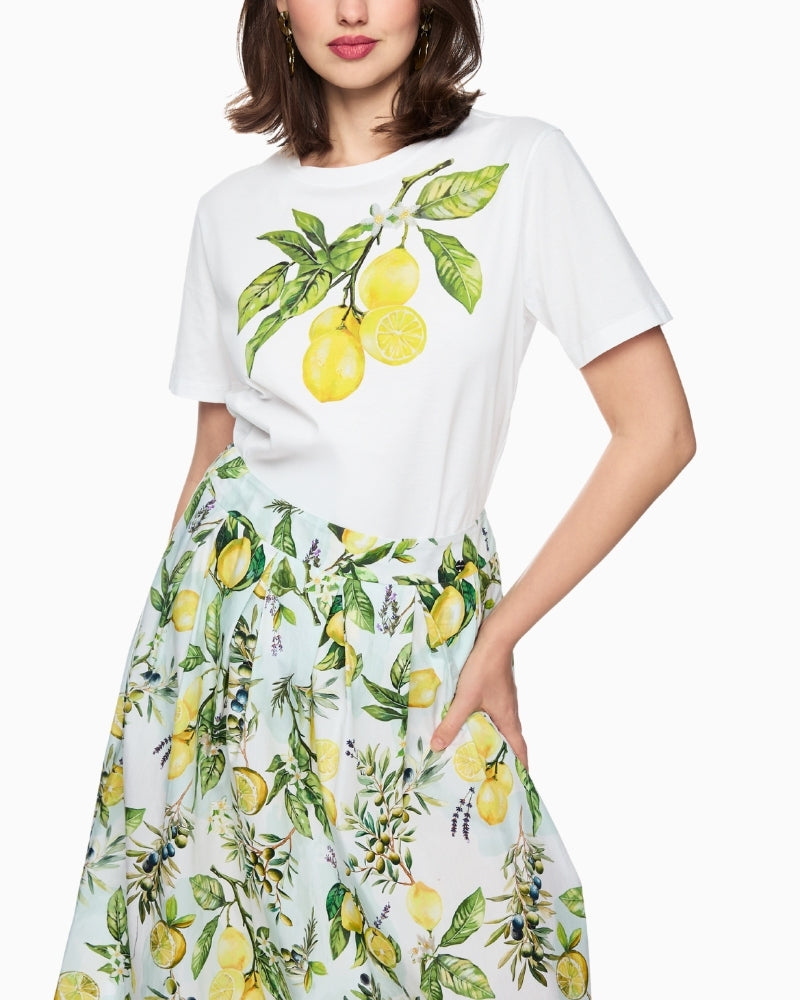 Marc Cain lemon print organic cotton T-shirt in white front model view
