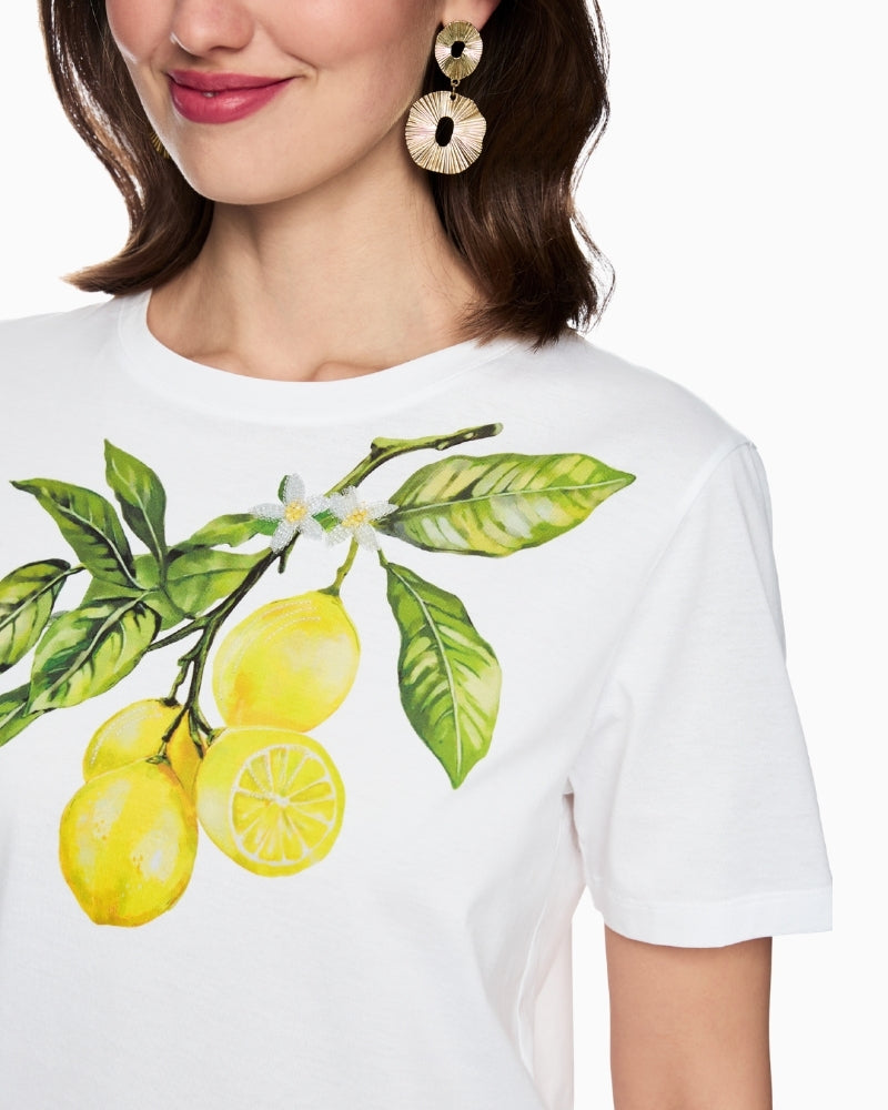 Marc Cain lemon print organic cotton T-shirt in white lemon branch detail