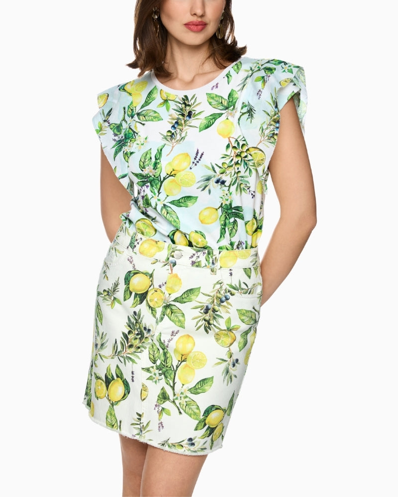Marc Cain lemon print stretch cotton T-shirt in white front model view