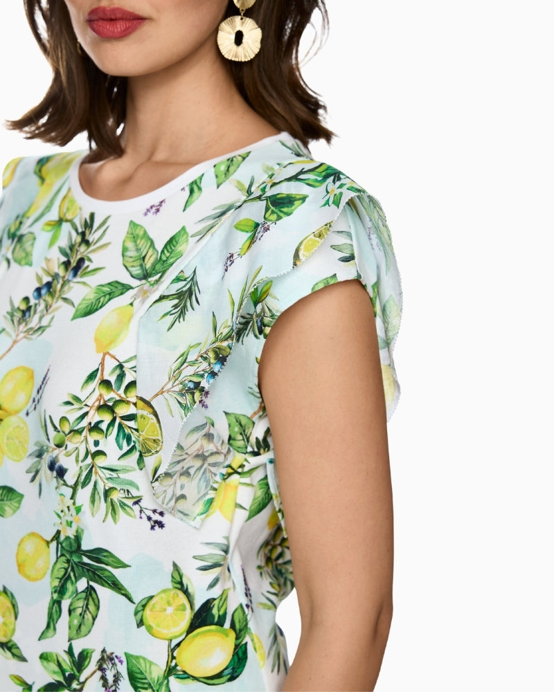 Marc Cain lemon print stretch cotton T-shirt in white sleeve detail