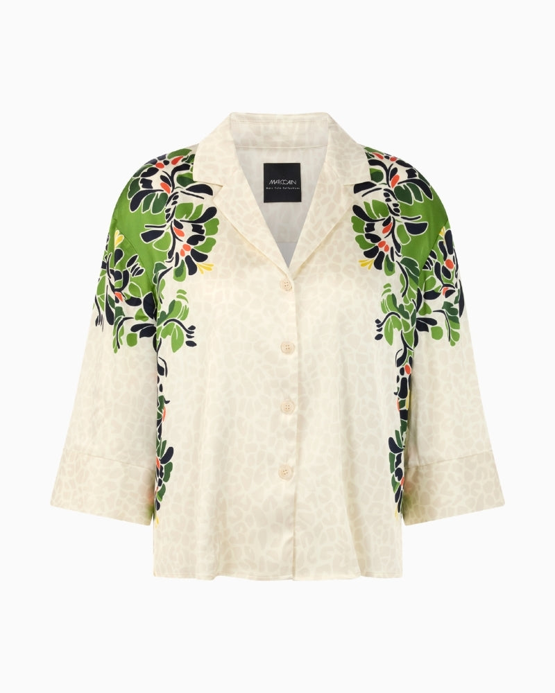 Marc Cain leopard hibiscus blouse bright ecru flat front view