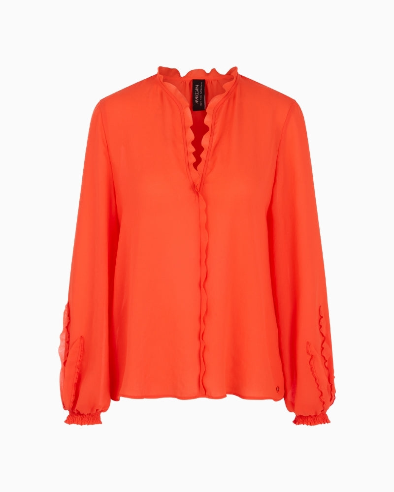 Marc Cain ruffle blouse bright tomato flat front view