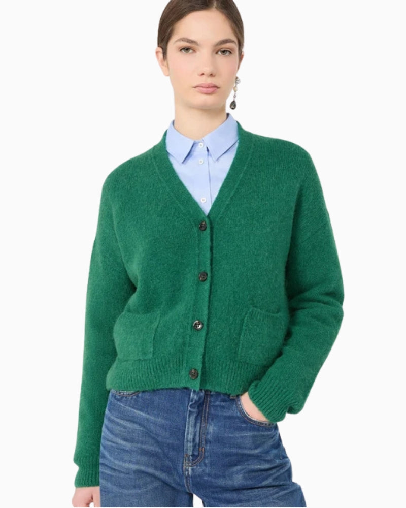 Max Mara Alpaca and Cotton Yarn Cardigan in Green V-neck detail