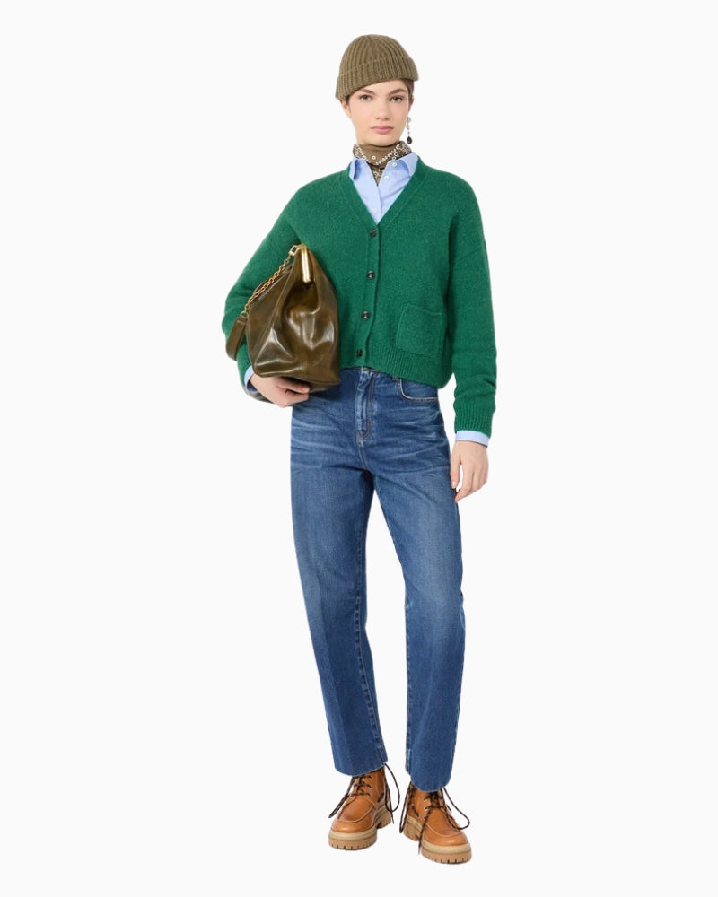 Max Mara Alpaca and Cotton Yarn Cardigan in Green button fastening detail
