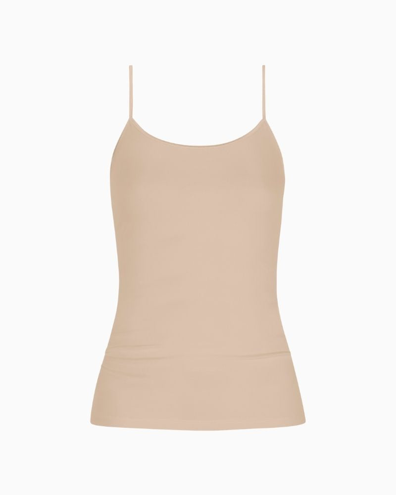 Cream tan spaghetti strap top by Mey with slim fit and seamless sides