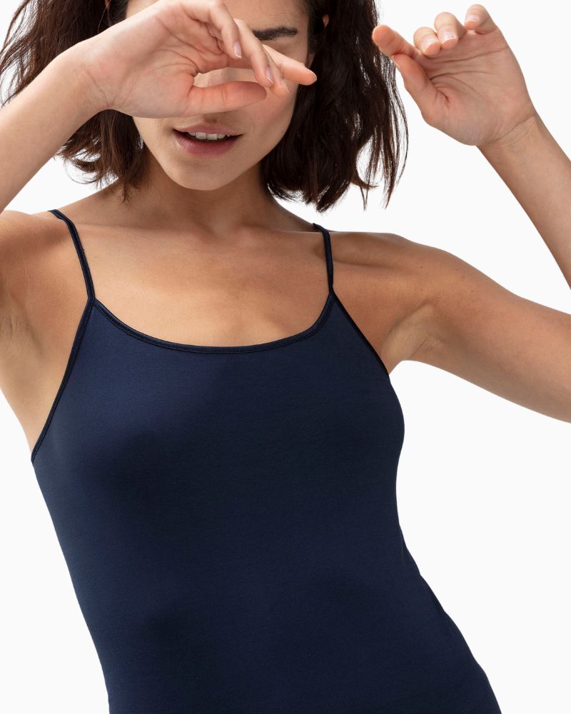 Close up of Night blue spaghetti strap cami by Mey with seamless sides