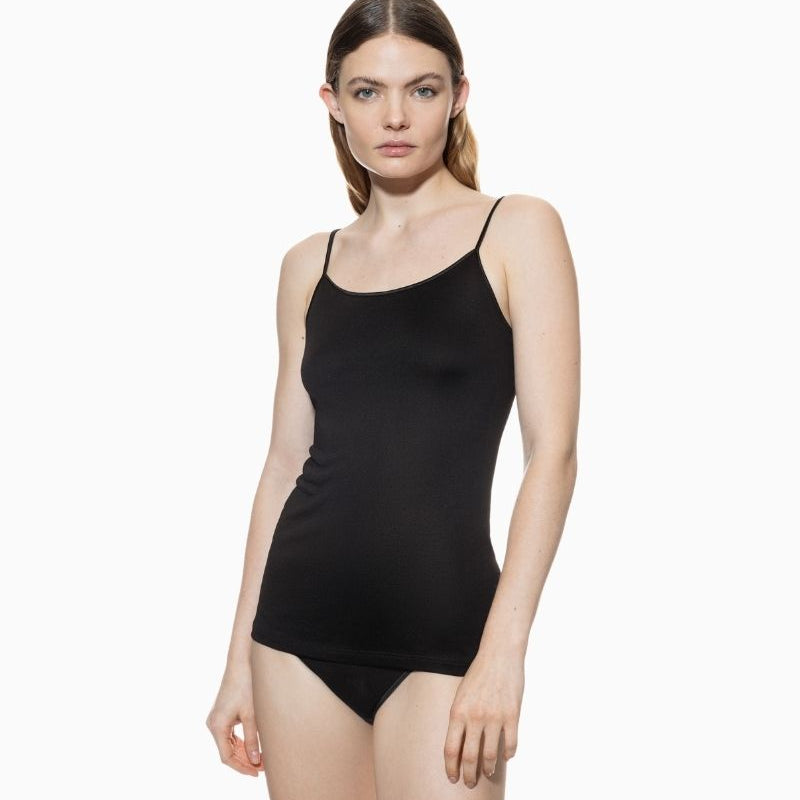 Black slim fit spaghetti strap vest by Mey with seamless sides