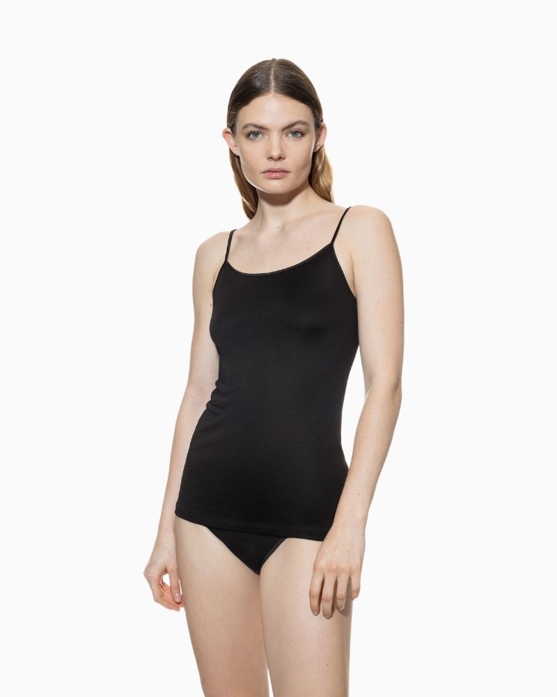 Black slim fit spaghetti strap vest by Mey with seamless sides