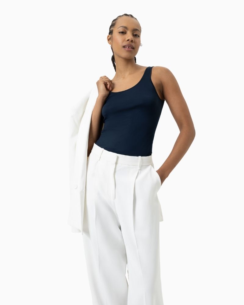 Navy blue tank top by Mey with seamless sides and wide straps