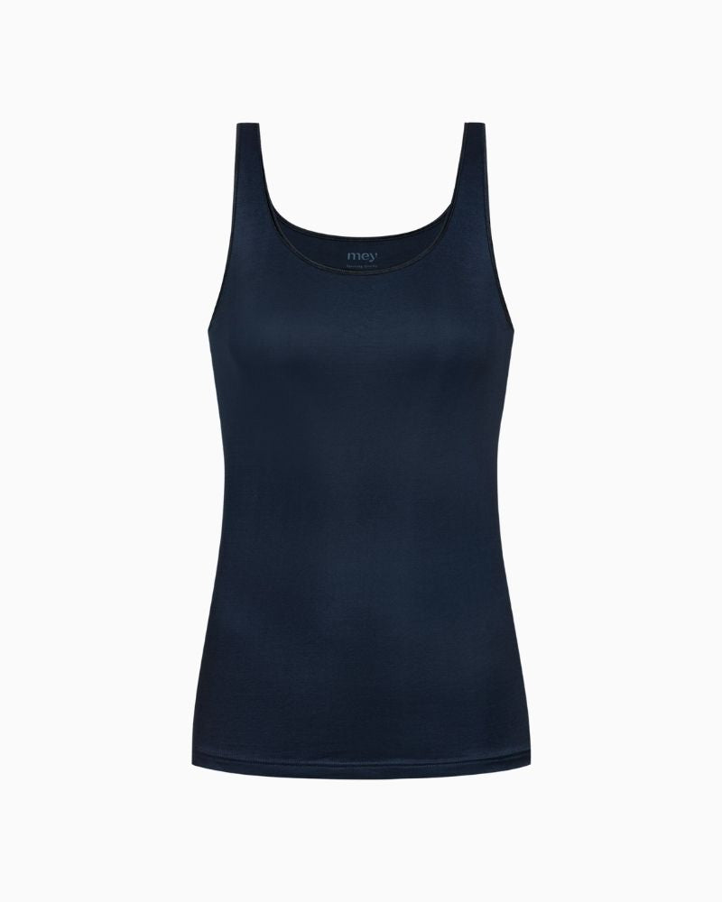 Navy blue tank top by Mey with seamless sides and wide straps