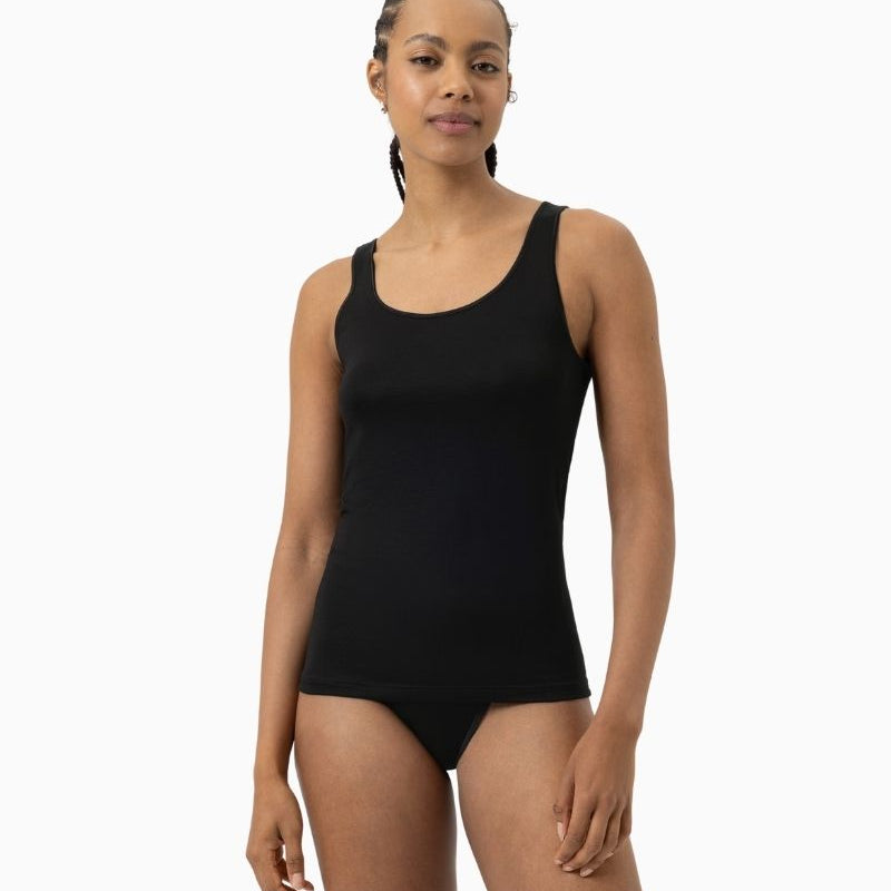 Black wide strap tank top by Mey with seamless sides and slim fit