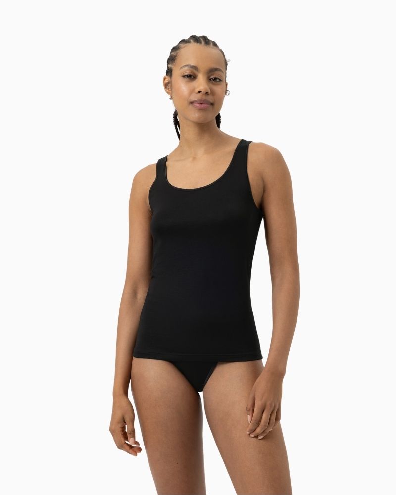 Black wide strap tank top by Mey with seamless sides and slim fit