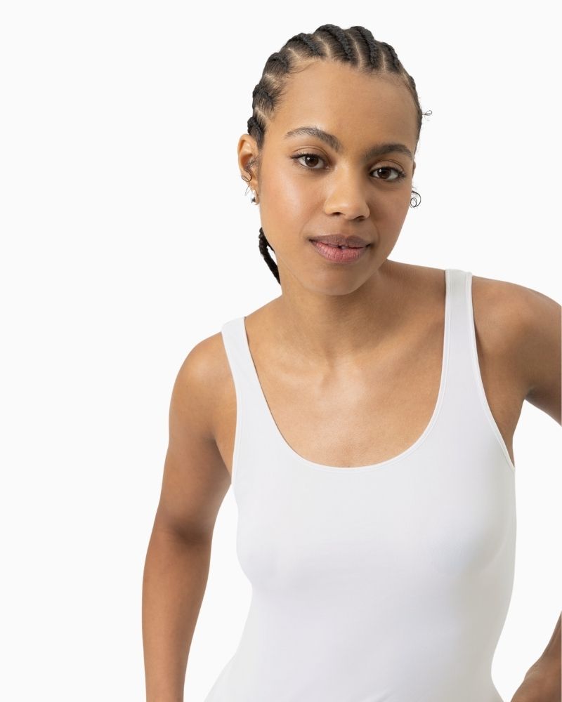 Close up of White tank top by Mey with wide straps and smooth finish