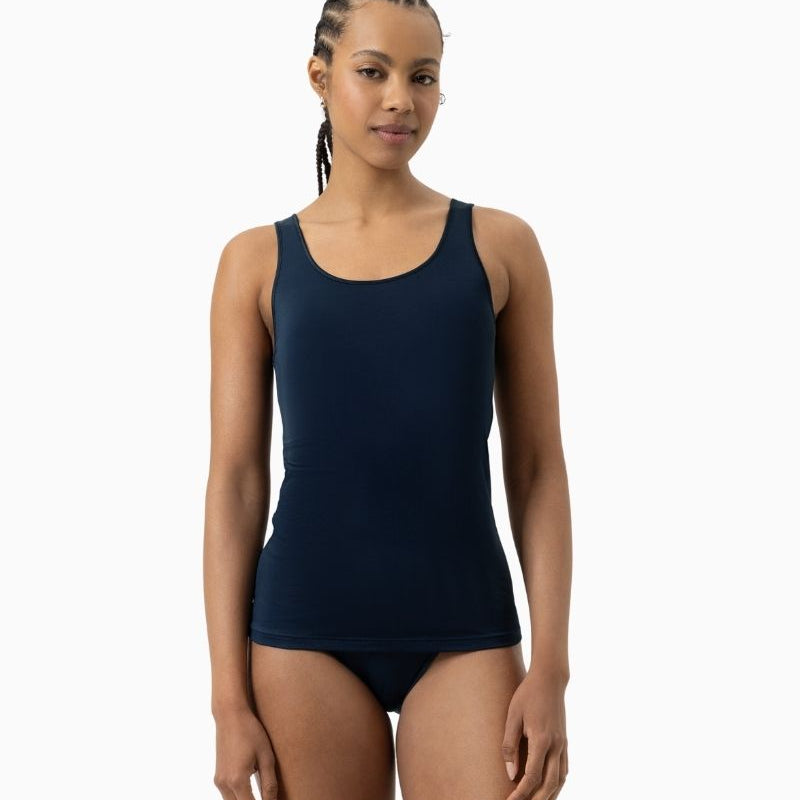 Navy blue tank top by Mey with seamless sides and wide straps